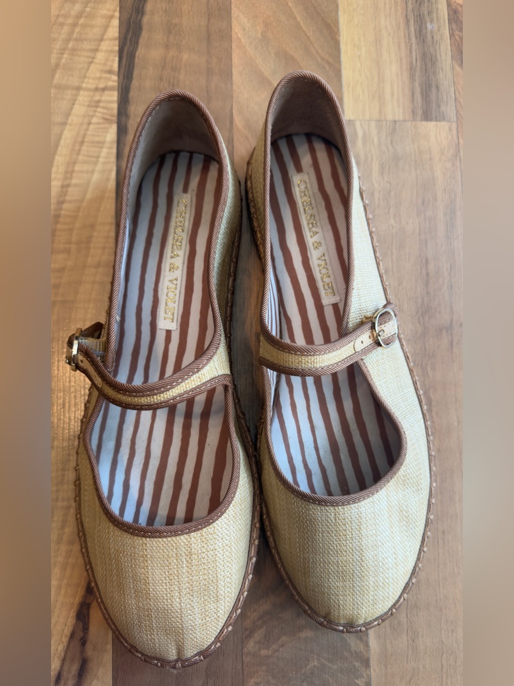 Chelsea & Violet Beige Mary Jane Flats with Brown Trim